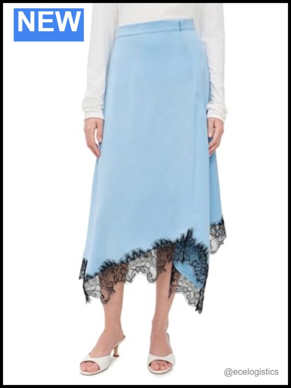 Crinkled Satin High-Waisted Midi Skirt with Lace Trim